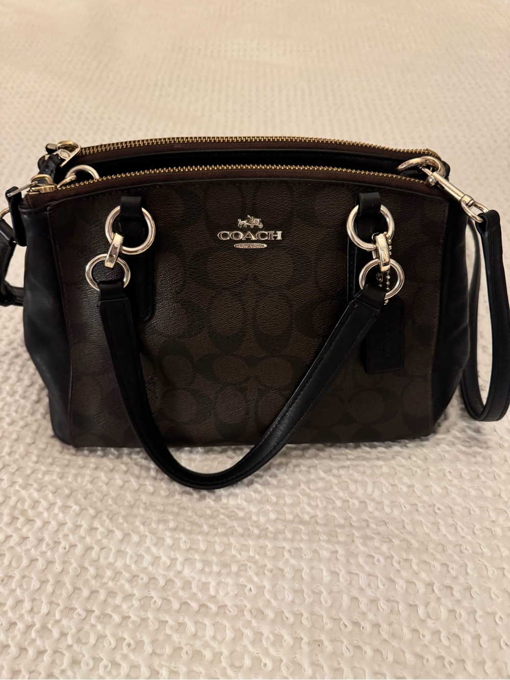 Coach Brown and Black Signature Double Zip Satchel